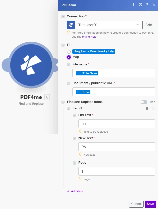 Find and Replace - Content Editor for Make | PDF4me