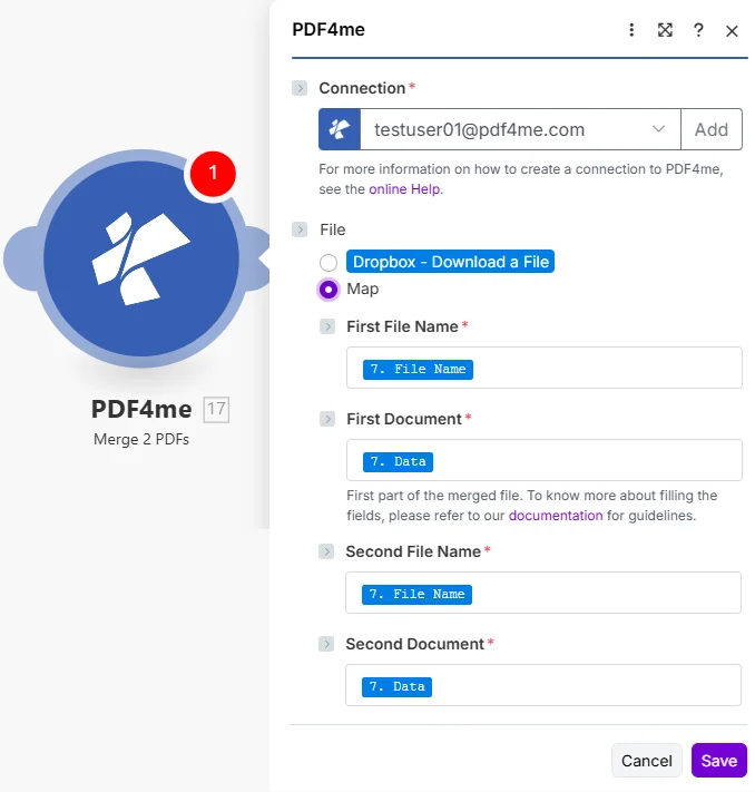 Merge 2 PDFs - Quick Combiner for Make | PDF4me