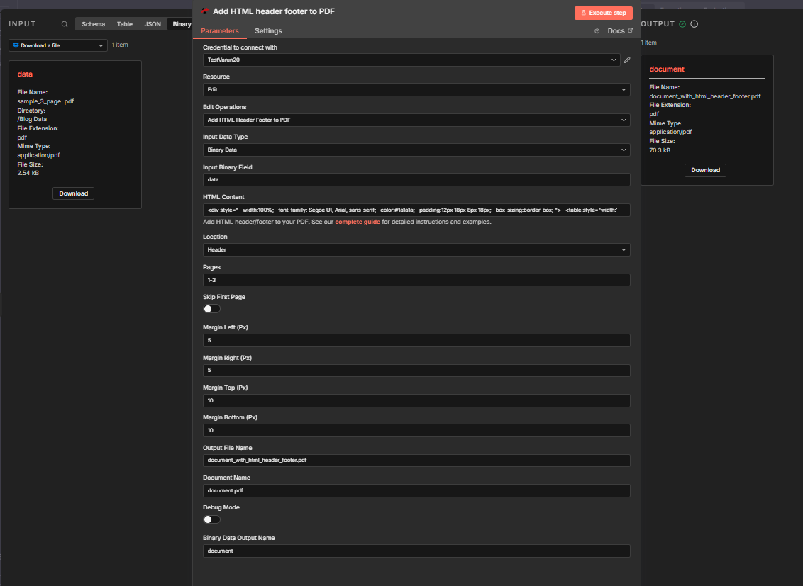 n8n Add HTML header footer to PDF: Input Binary Field data, HTML Content, Location Header, Pages 1-3, Margins in Px