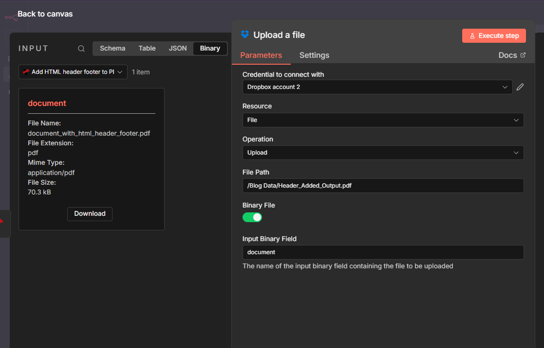 n8n Upload a file: File Path /Blog Data/Header_Added_Output.pdf, Input Binary Field document