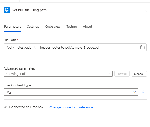 Get PDF file using path: File Path, Infer Content Type Yes, Dropbox