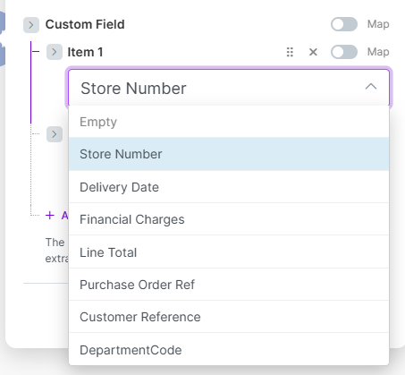 Custom Field dropdown: Store Number, Delivery Date, Financial Charges, Line Total, Purchase Order Ref, Customer Reference, DepartmentCode