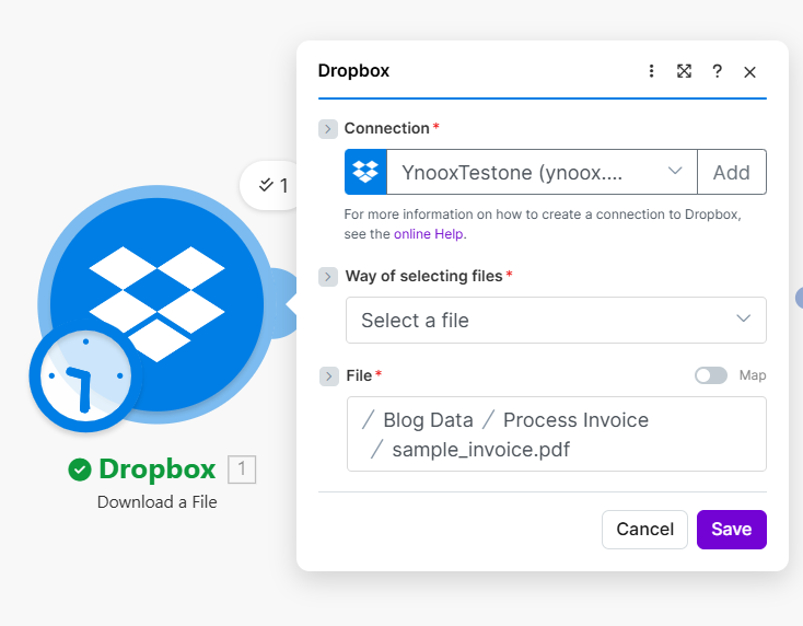 Dropbox Download a File: Connection YnooxTestone, Way of selecting files Select a file, File /Blog Data/Process Invoice/sample_invoice.pdf