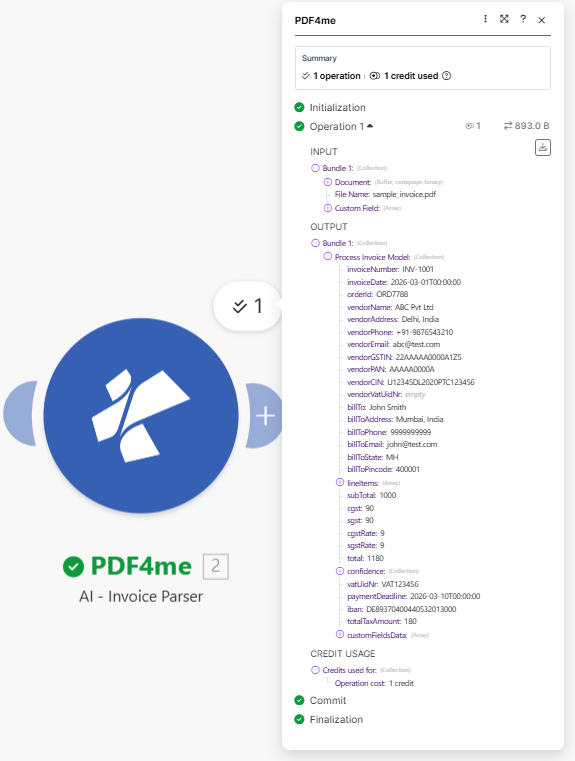 AI-Invoice Parser output: Process Invoice Model with invoiceNumber INV-1001, total 1180, vendorName ABC Pvt Ltd, lineItems, customFieldsData