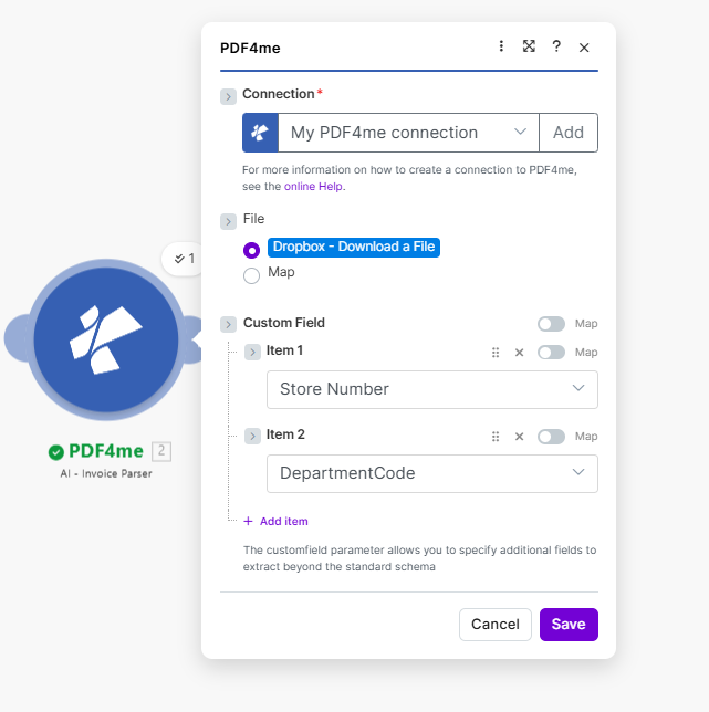PDF4me AI-Invoice Parser: Connection, File from Dropbox, Custom Field Item 1 Store Number, Item 2 DepartmentCode