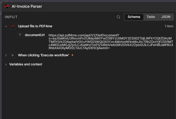 AI-Invoice Parser input: documentUrl from Upload file to PDF4me