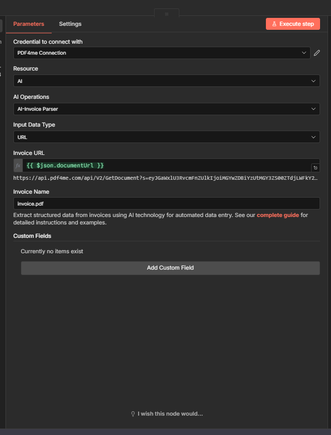 AI-Invoice Parser: Input Data Type URL, Invoice URL from documentUrl, Invoice Name invoice.pdf, Add Custom Field