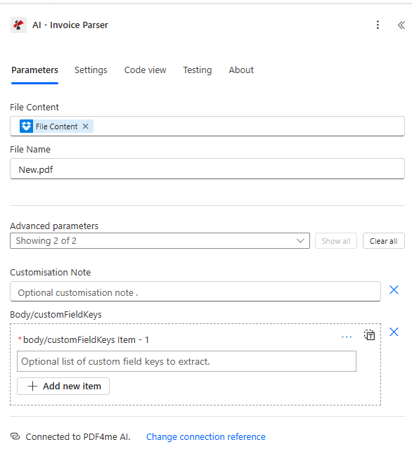 AI - Invoice Parser: File Content from trigger, File Name New.pdf, Connected to PDF4me AI