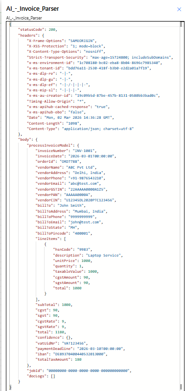 AI Invoice Parser raw output: processInvoiceModel with invoiceNumber INV-1001, total 1180, vendorName ABC Pvt Ltd, lineItems