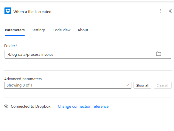 When a file is created: Folder /blog data/process invoice, Connected to Dropbox