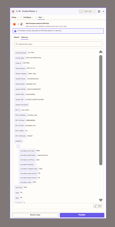 AI - Invoice Parser Data out: Invoice Number INV-1001, Vendor Name ABC Pvt Ltd, line items, Sub Total 1000, Cgst 90, Sgst 90