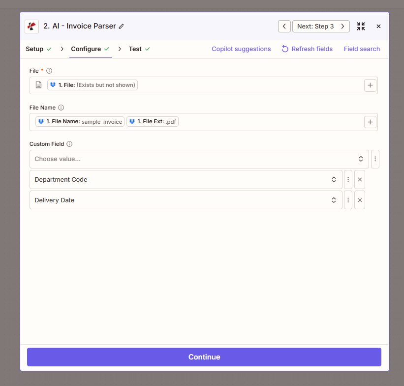 AI - Invoice Parser: File from step 1, File Name sample_invoice.pdf, Custom Field Department Code, Delivery Date