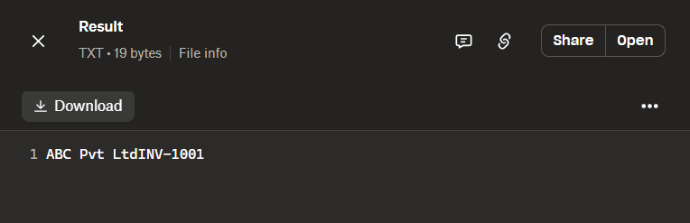 Result panel: TXT 19 bytes, content ABC Pvt LtdINV-1001