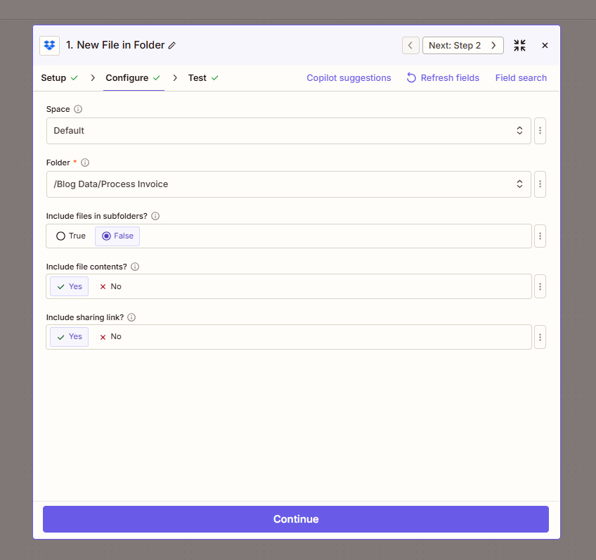 New File in Folder: Space Default, Folder /Blog Data/Process Invoice, Include file contents Yes, Include sharing link Yes