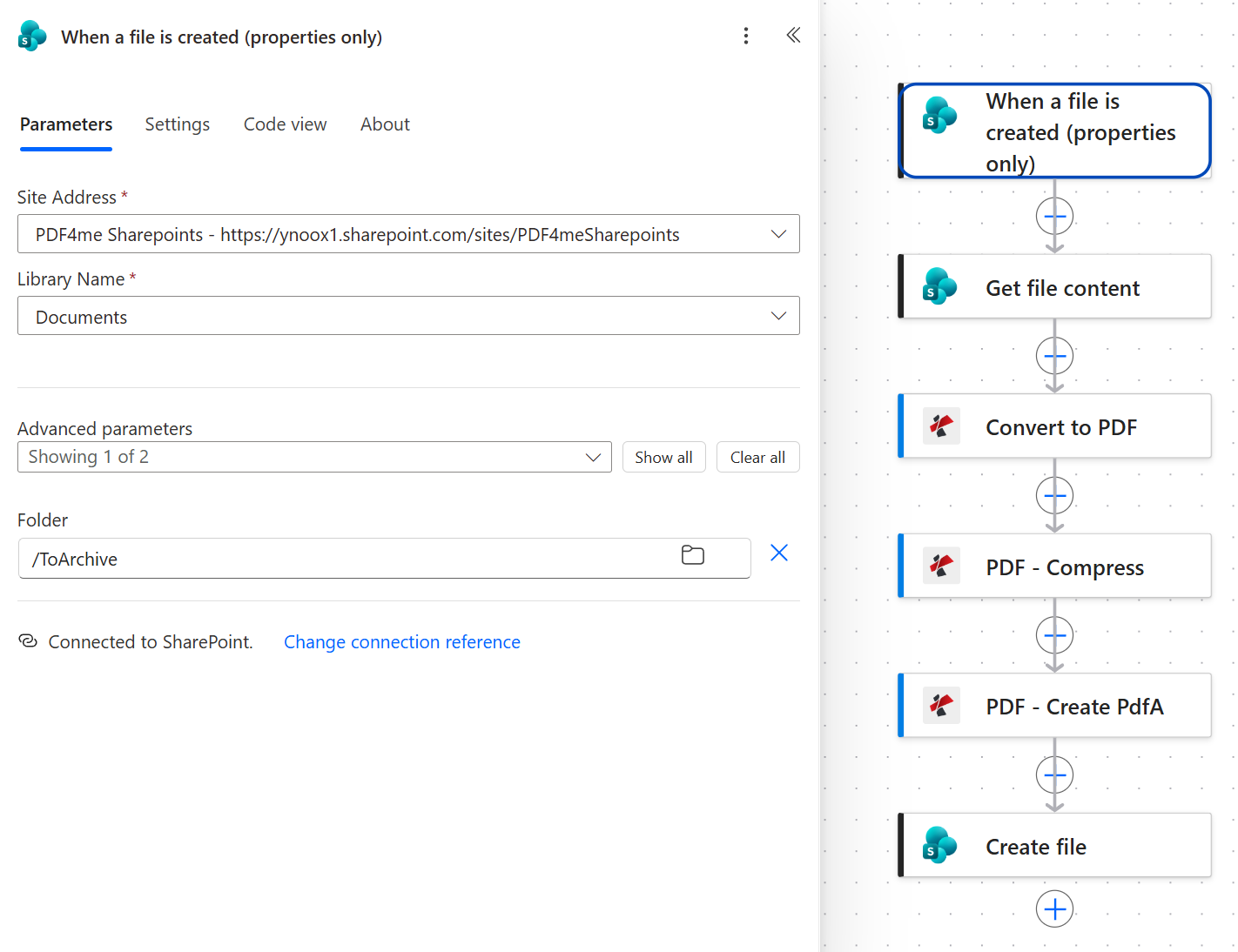 Power Automate When a file is created properties only trigger panel with Site Address set to PDF4me Sharepoints, Library Name Documents, and the advanced Folder parameter set to /ToArchive