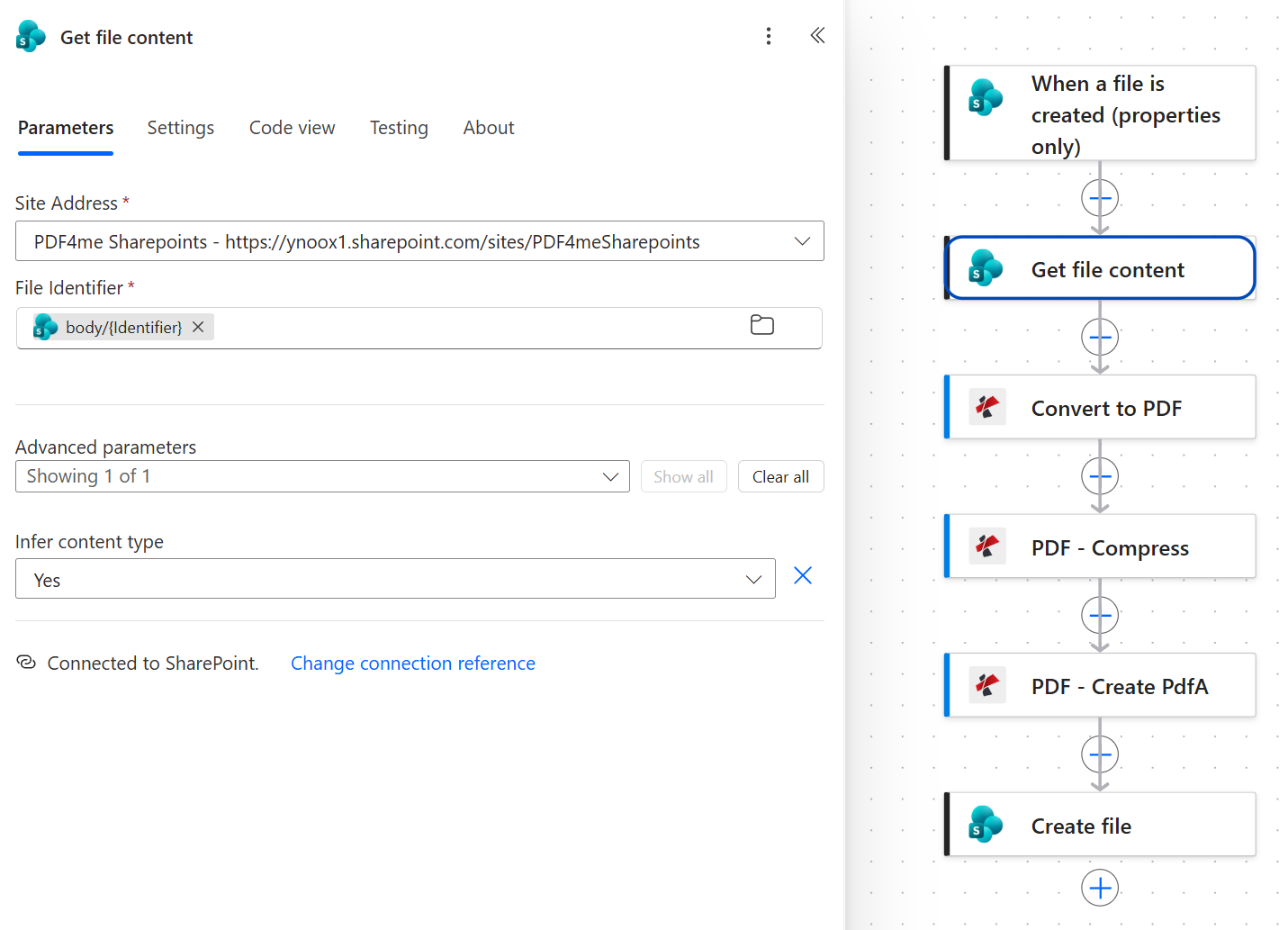 SharePoint Get file content action panel with Site Address set to PDF4me Sharepoints, File Identifier mapped to the trigger's Identifier token, and Infer content type set to Yes