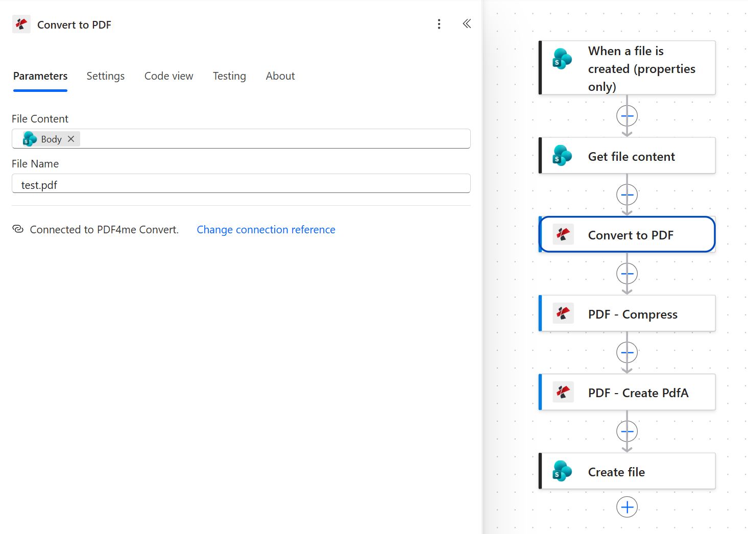 PDF4me Convert to PDF action panel with File Content mapped from the SharePoint Get file content action and File Name set to the static text test.pdf, connected to PDF4me Convert