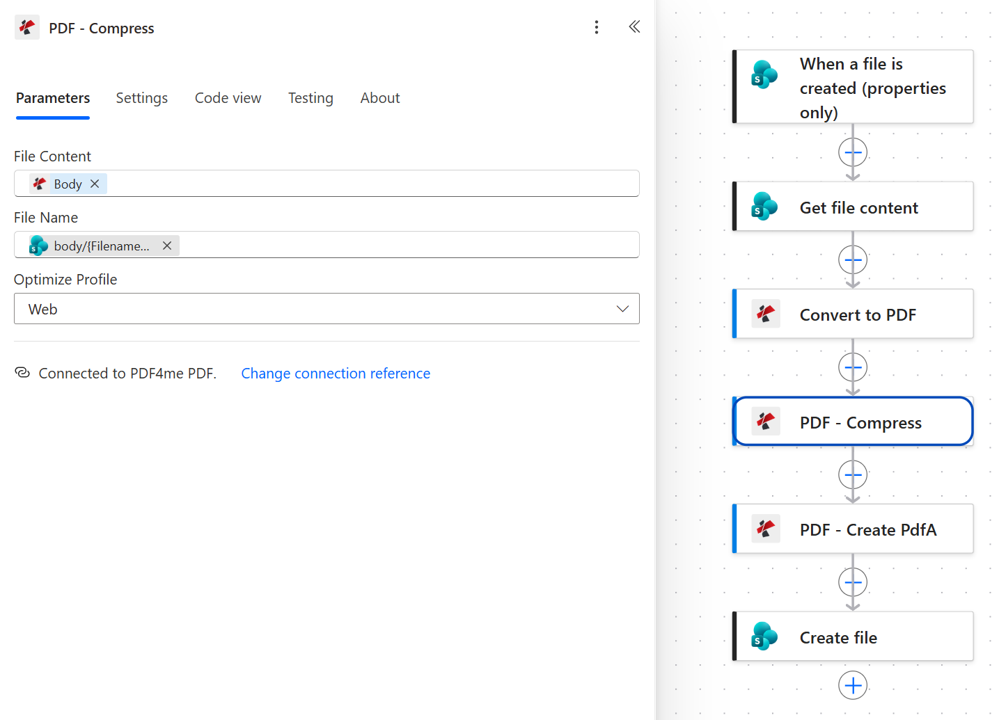 PDF4me Compress action panel with File Content mapped from Convert to PDF, File Name from the SharePoint trigger, and Optimize Profile set to Web