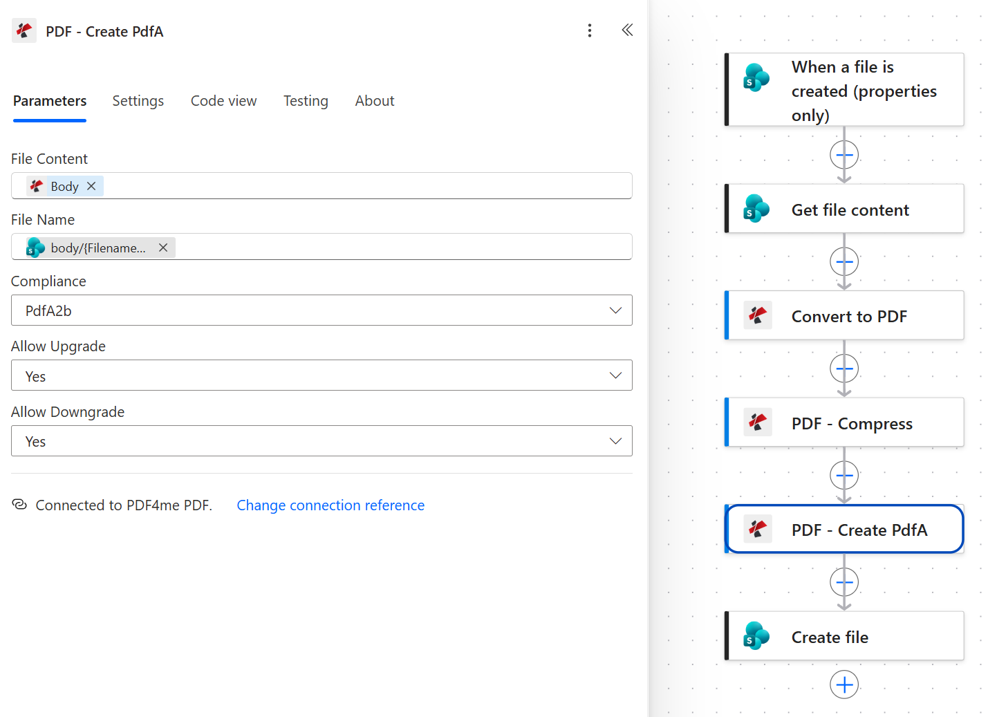 PDF4me Create PdfA action panel with File Content mapped from PDF Compress, File Name from the SharePoint trigger, Compliance set to PdfA2b, Allow Upgrade Yes and Allow Downgrade Yes