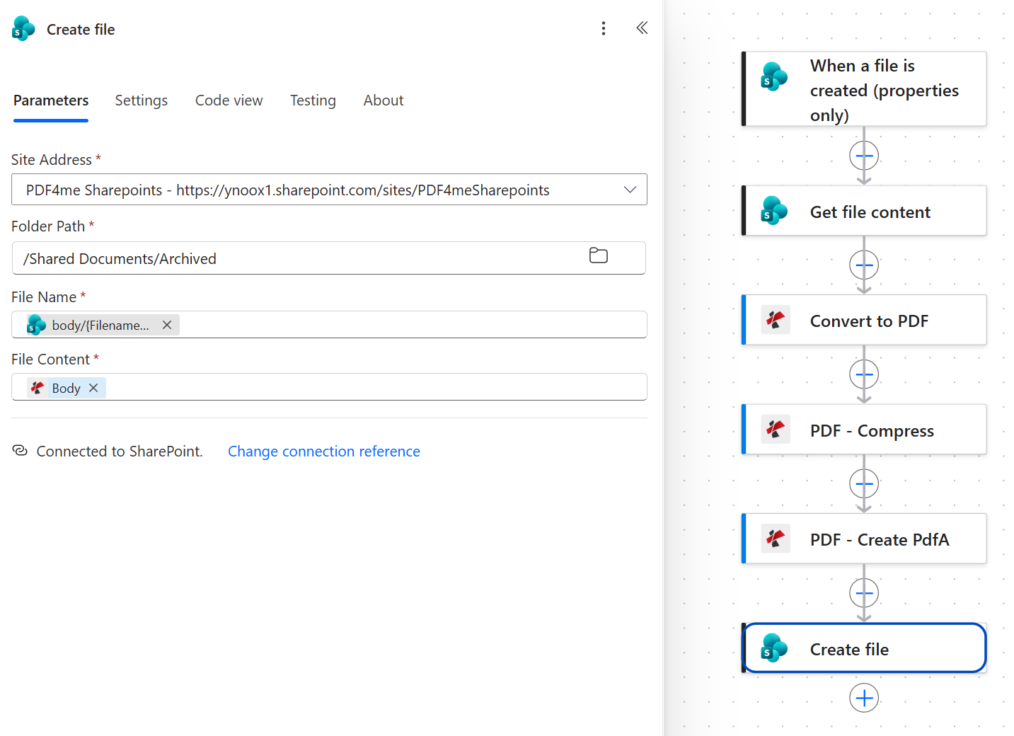 SharePoint Create file action with Site Address PDF4me Sharepoints, Folder Path /Shared Documents/Archived, File Name from the trigger token and File Content from the PDF4me Create PdfA action