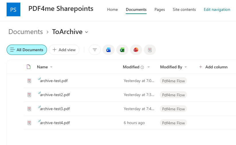 SharePoint Documents library showing the ToArchive folder containing archive-test.pdf, archive-test2.pdf, archive-test3.pdf and archive-test4.pdf, all modified by the Pdf4me Flow account