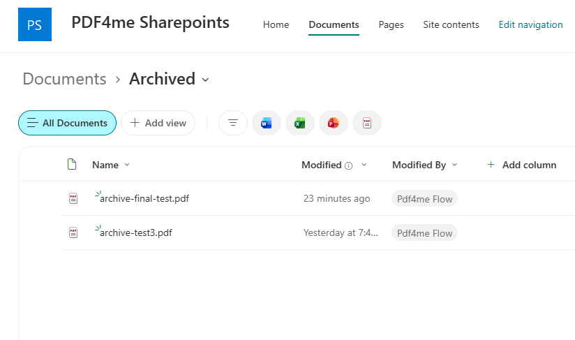 SharePoint Documents library showing the Archived folder containing archive-final-test.pdf and archive-test3.pdf produced by the flow