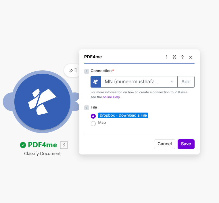 Make PDF4me Classify Document: Connection, File from Dropbox - Download a File