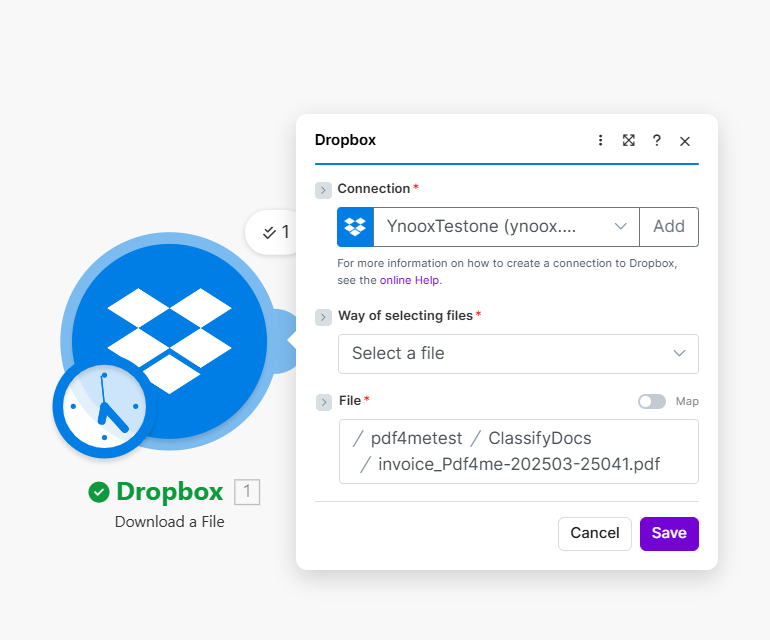Make Dropbox Download a File: Connection, Way of selecting files, File path / pdf4metest / ClassifyDocs / invoice_Pdf4me-202503-25041.pdf