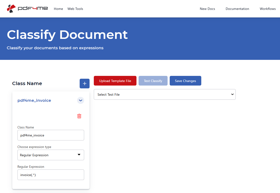 PDF4me Classify Document: class pdf4me_invoice, expression type Regular Expression, regex invoice(.*), Upload Template File, Test Classify, Save Changes