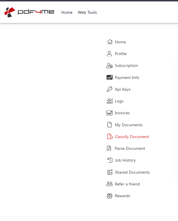 PDF4me sidebar with Classify Document selected