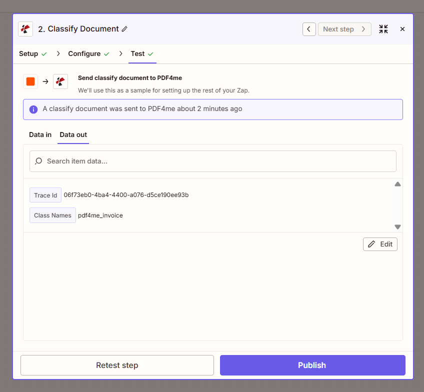 Zapier Classify Document output: Class Names pdf4me_invoice, Trace Id