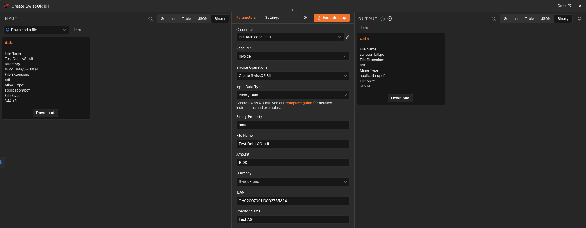 n8n PDF4me Create SwissQR bill node with INPUT showing Download a file output: File Name Test Debt AG.pdf 344 kB. Parameters: Credential PDF4ME account 3, Resource Invoice, Invoice Operations Create SwissQR Bill, Input Data Type Binary Data, Binary Property data, File Name Test Debt AG.pdf, Amount 1000, Currency Swiss Franc, IBAN CH0200700110003765824, Creditor Name Test AG. OUTPUT: data, File Name swissqr_bill.pdf, File Extension pdf, Mime Type application/pdf, File Size 602 kB.