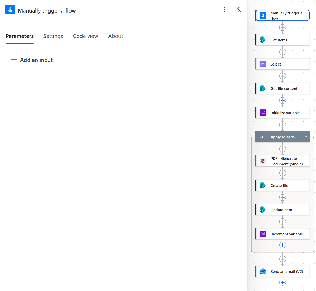 Power Automate Manually trigger a flow panel with no inputs added, next to the full flow outline from Get items to Send an email V2