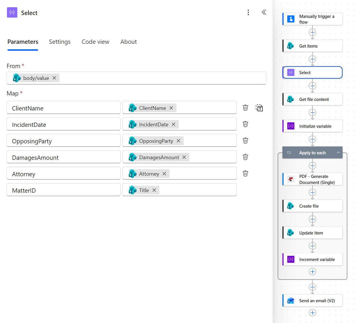 Power Automate Select action with From set to body slash value from Get items and a map of ClientName, IncidentDate, OpposingParty, DamagesAmount and Attorney to the matching SharePoint columns, and MatterID to Title