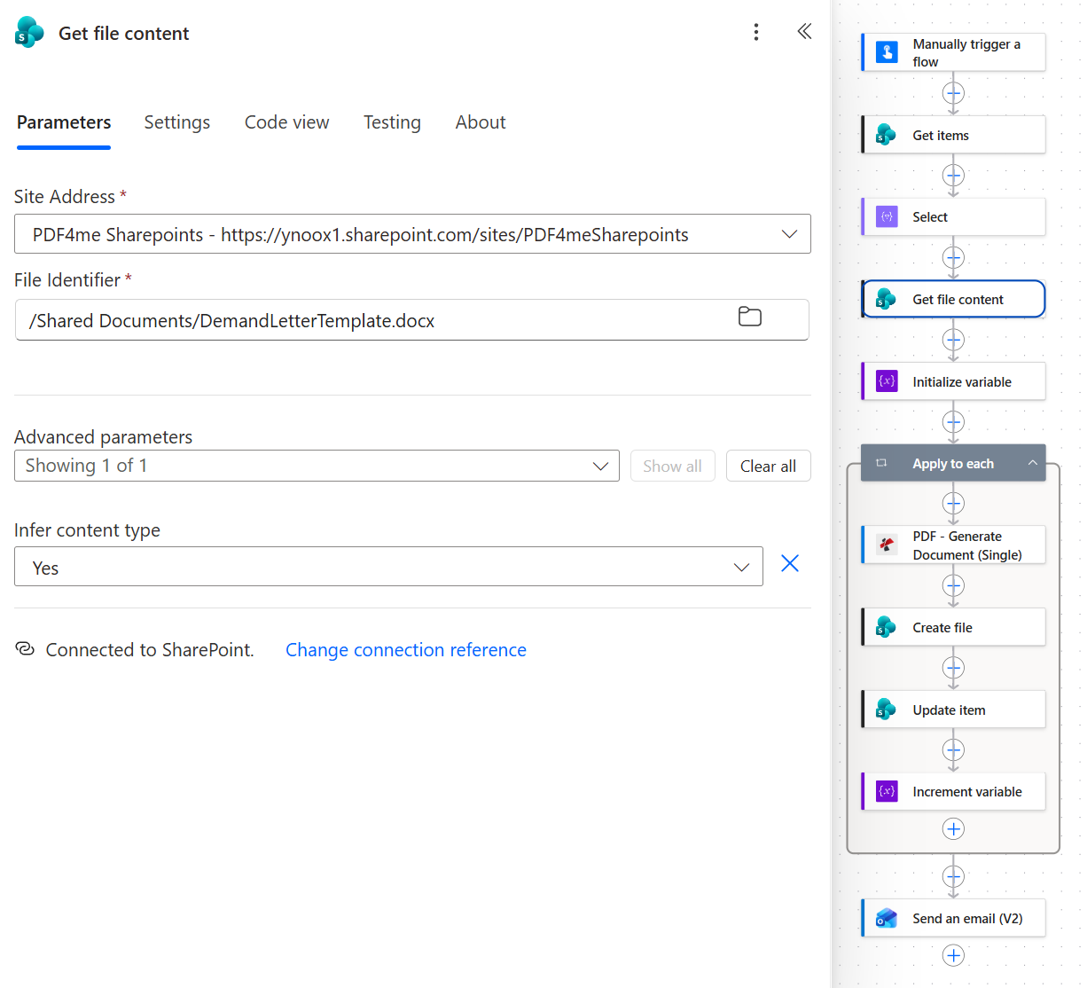 SharePoint Get file content action with Site Address PDF4me Sharepoints, File Identifier /Shared Documents/DemandLetterTemplate.docx, and Infer content type set to Yes