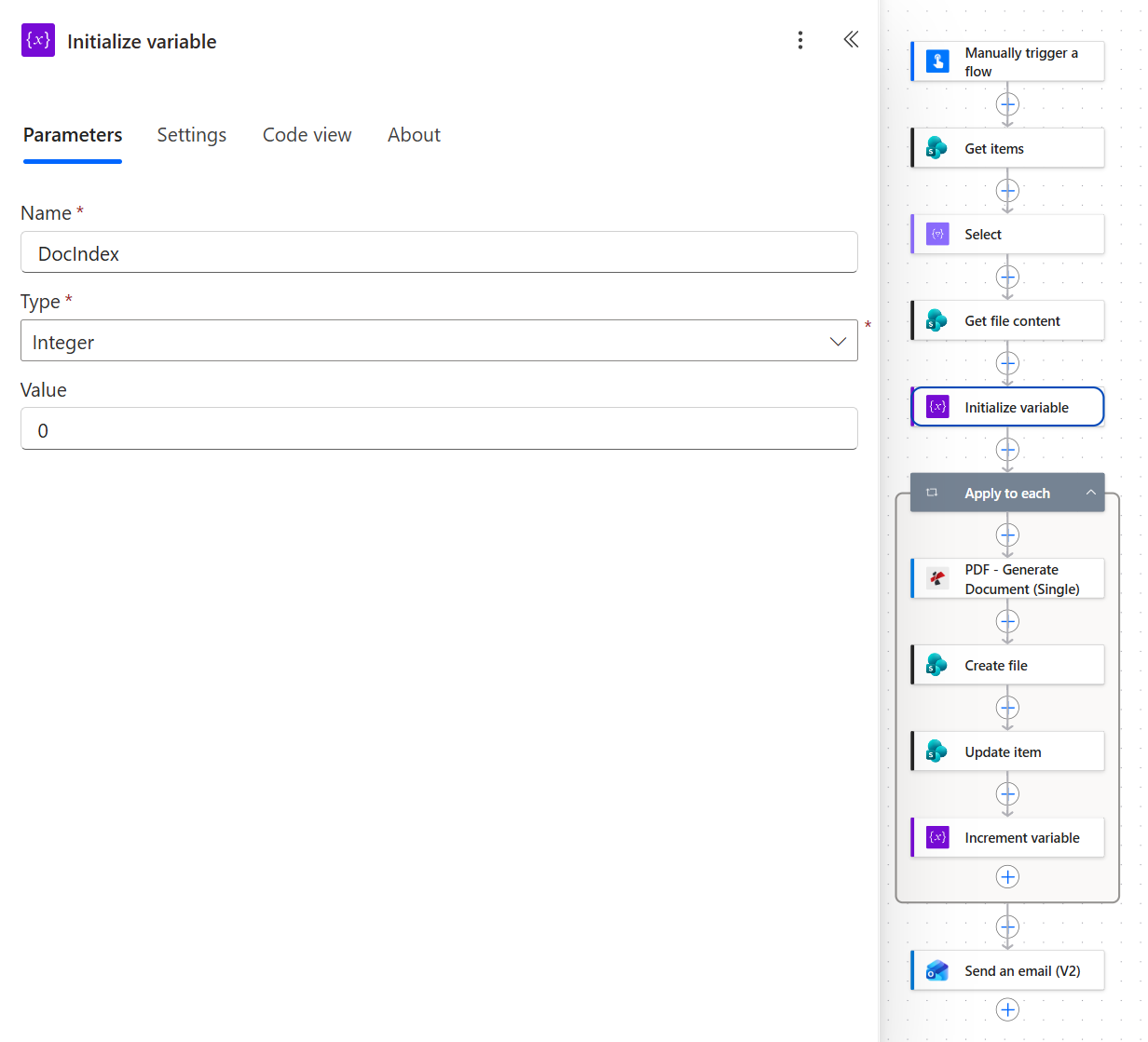 Power Automate Initialize variable action with Name DocIndex, Type Integer and Value 0