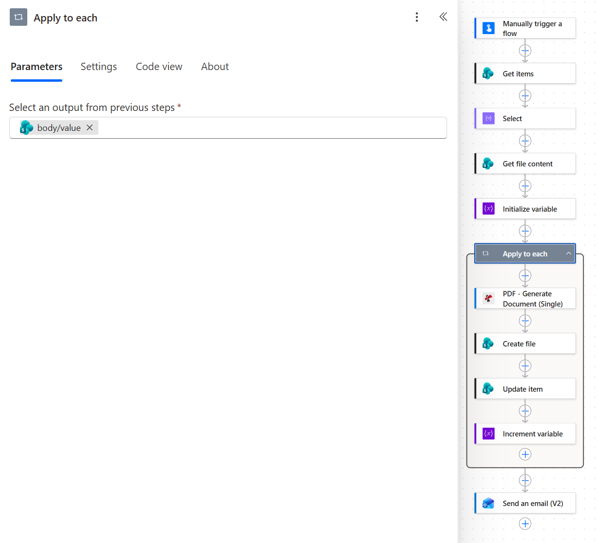 Power Automate Apply to each action with the body slash value token from Get items selected, and the loop containing PDF Generate Document Single, Create file, Update item and Increment variable