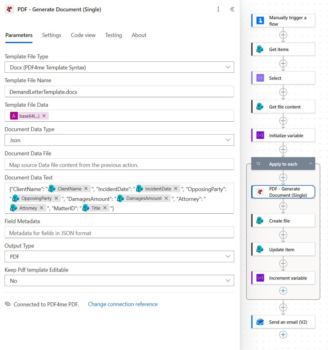 PDF4me PDF Generate Document Single action with Template File Type Docx PDF4me Template Syntax, Template File Name DemandLetterTemplate.docx, Template File Data set to a base64 expression, Document Data Type Json, Document Data Text holding ClientName, IncidentDate, OpposingParty, DamagesAmount, Attorney and MatterID from SharePoint, Output Type PDF and Keep Pdf template Editable No, connected to PDF4me PDF