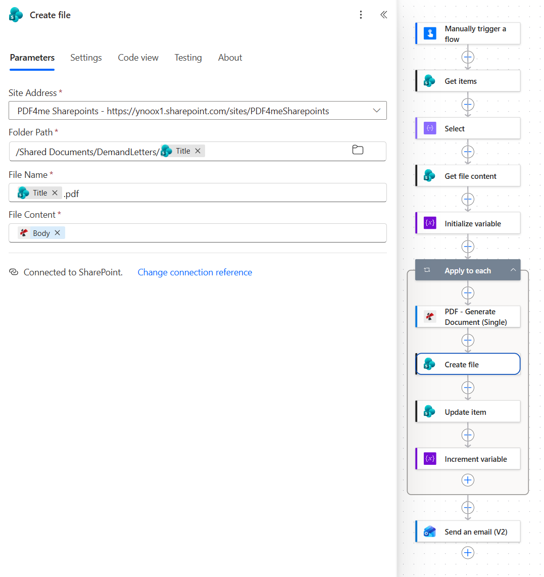 SharePoint Create file action with Site Address PDF4me Sharepoints, Folder Path /Shared Documents/DemandLetters/ followed by the Title token, File Name the Title token followed by .pdf, and File Content set to the Body token from PDF4me