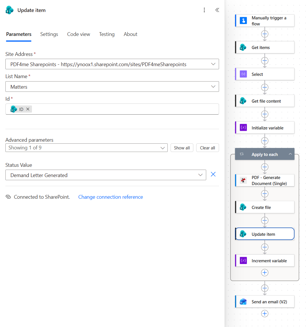 SharePoint Update item action with Site Address PDF4me Sharepoints, List Name Matters, Id set to the ID token, and the advanced parameter Status Value set to Demand Letter Generated