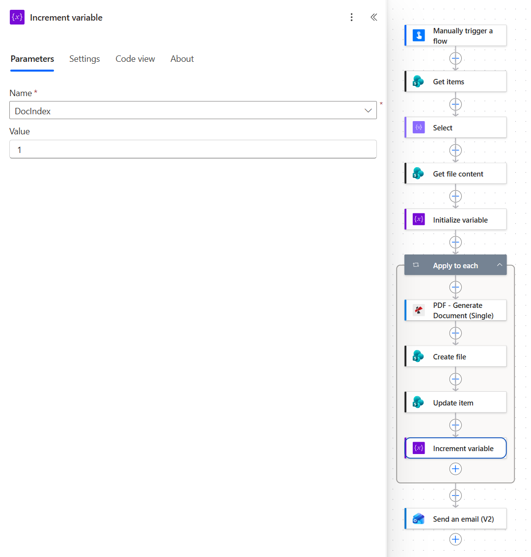 Power Automate Increment variable action with Name DocIndex and Value 1, placed as the last action inside Apply to each
