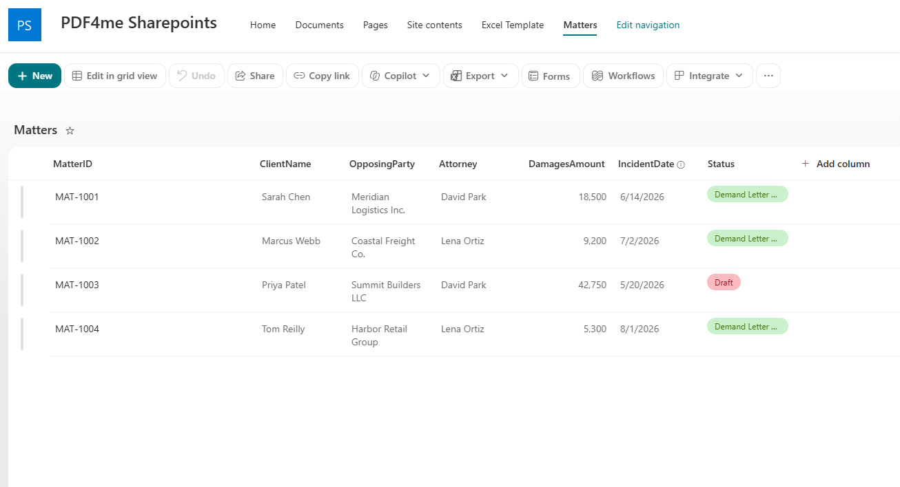 SharePoint Matters list with columns MatterID, ClientName, OpposingParty, Attorney, DamagesAmount, IncidentDate and Status: MAT-1001 Sarah Chen, Meridian Logistics Inc., David Park, 18,500, 6/14/2026; MAT-1002 Marcus Webb, Coastal Freight Co., Lena Ortiz, 9,200, 7/2/2026; MAT-1004 Tom Reilly, Harbor Retail Group, Lena Ortiz, 5,300, 8/1/2026, all three with a green Demand Letter Generated status, and MAT-1003 Priya Patel, Summit Builders LLC, David Park, 42,750, 5/20/2026 with a red Draft status