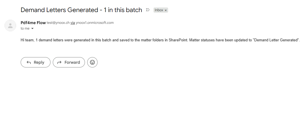 Email titled Demand Letters Generated - 1 in this batch from Pdf4me Flow, saying one demand letter was generated and saved to the matter folders in SharePoint and that matter statuses were updated to Demand Letter Generated