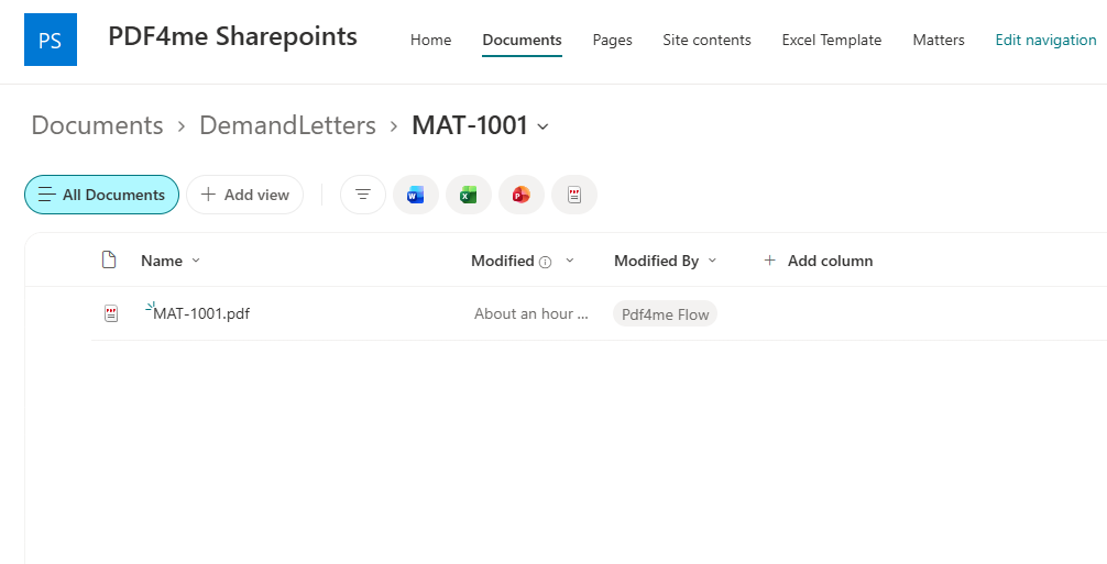 SharePoint Documents library open at DemandLetters then MAT-1001, showing MAT-1001.pdf modified about an hour ago by the Pdf4me Flow account