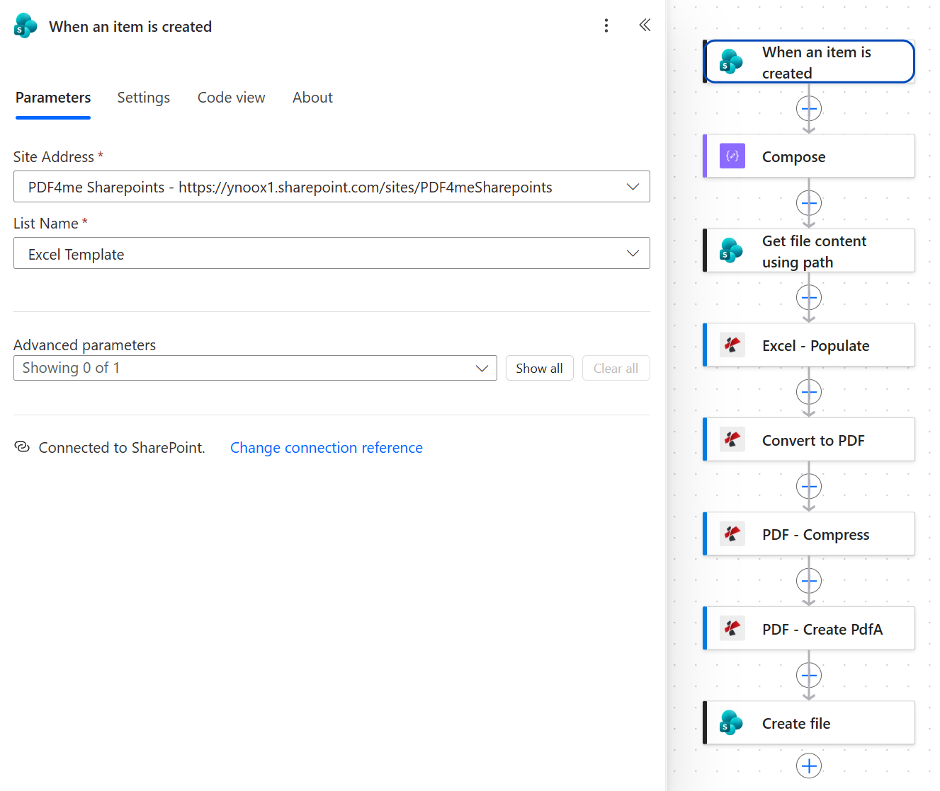 SharePoint When an item is created trigger panel with Site Address set to PDF4me Sharepoints at ynoox1.sharepoint.com/sites/PDF4meSharepoints and List Name set to Excel Template, advanced parameters showing 0 of 1, connected to SharePoint