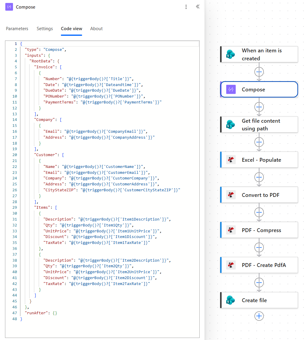 Power Automate Compose action in code view with inputs RootData containing Invoice, Company, Customer and Items arrays, each value mapped to a triggerBody expression such as Title, Dateandtime, DueDate, PONumber, PaymentTerms, CompanyEmail, CustomerName and Item1Description through Item2TaxRate