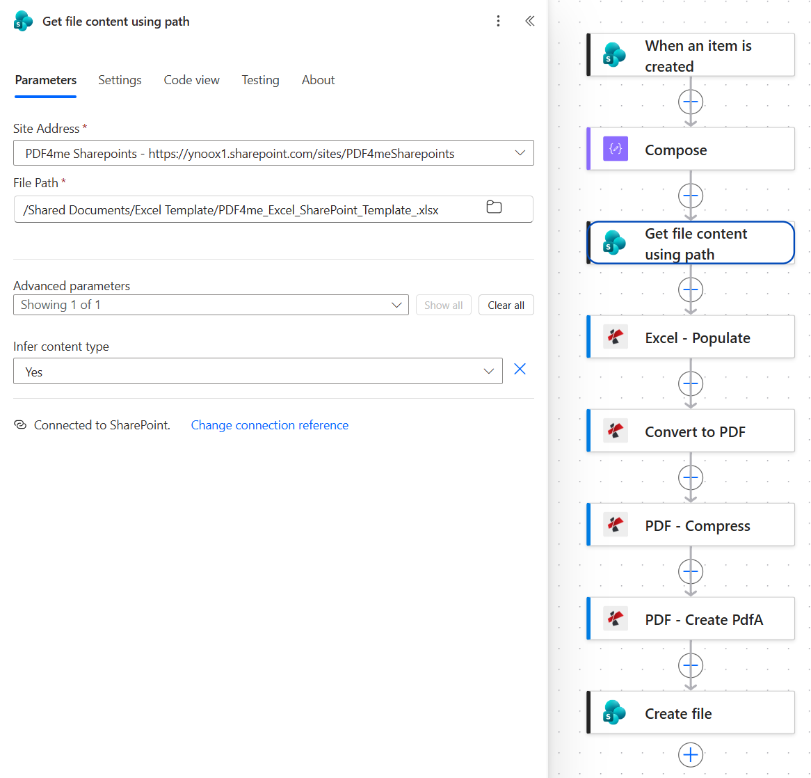 SharePoint Get file content using path action with Site Address PDF4me Sharepoints, File Path /Shared Documents/Excel Template/PDF4me_Excel_SharePoint_Template_.xlsx and the advanced parameter Infer content type set to Yes, connected to SharePoint