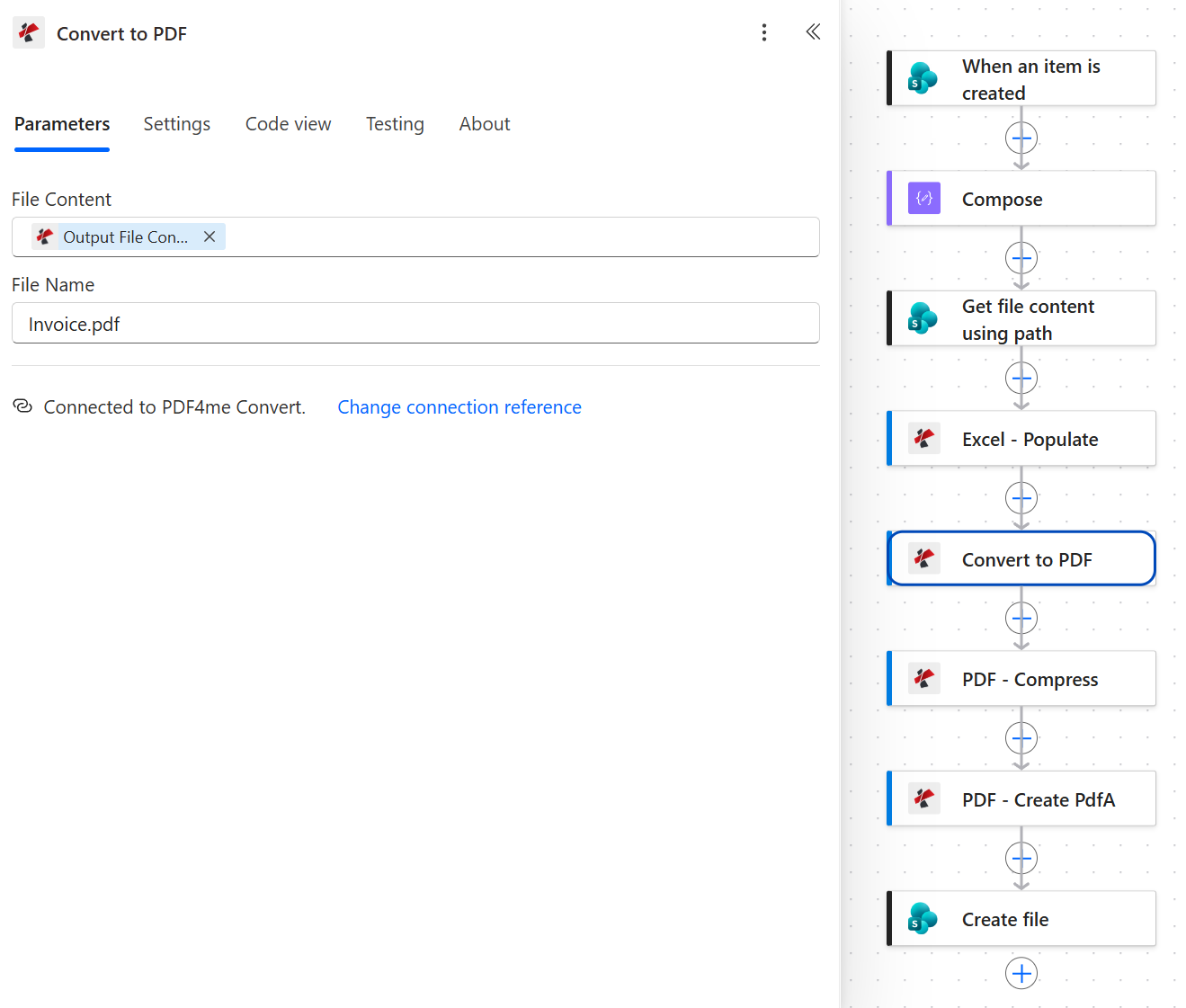 PDF4me Convert to PDF action with File Content set to the Output File Content token from Excel Populate and File Name set to Invoice.pdf, connected to PDF4me Convert