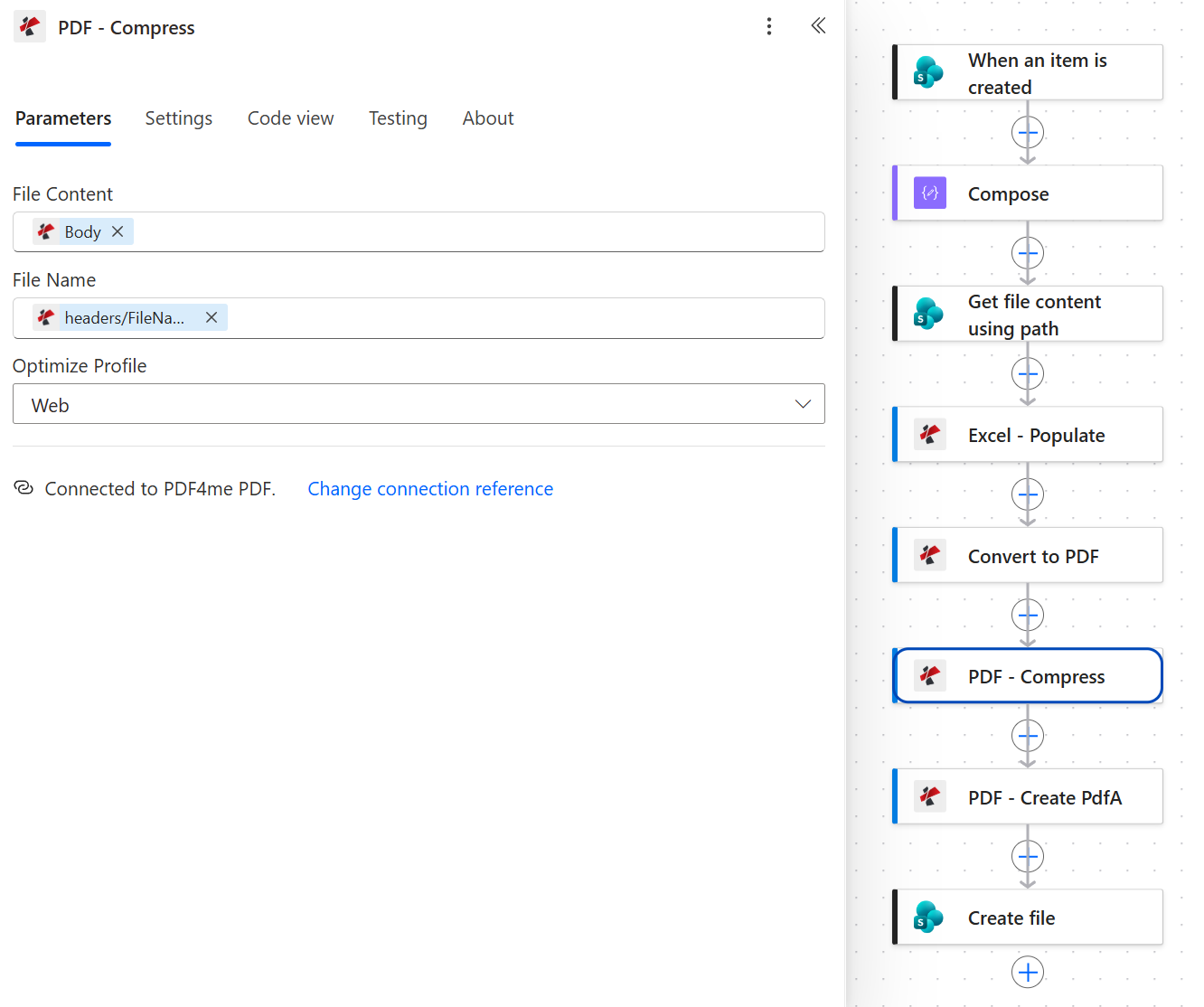 PDF4me PDF Compress action with File Content set to the Body token, File Name set to the headers FileName token, and Optimize Profile set to Web, connected to PDF4me PDF