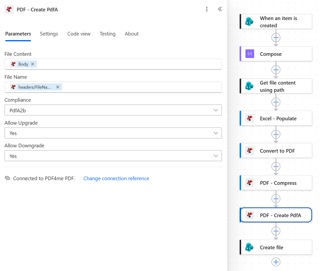 PDF4me PDF Create PdfA action with File Content set to the Body token, File Name set to the headers FileName token, Compliance PdfA2b, Allow Upgrade Yes and Allow Downgrade Yes, connected to PDF4me PDF